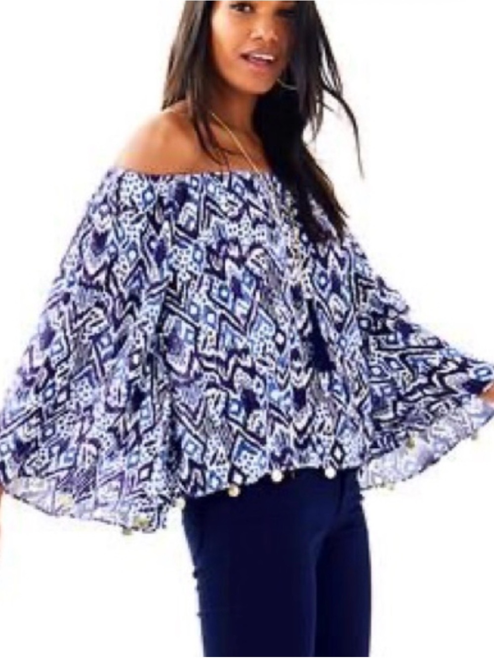 Lilly Pulitzer Blue & White Off-the-Shoulder Ikat Top